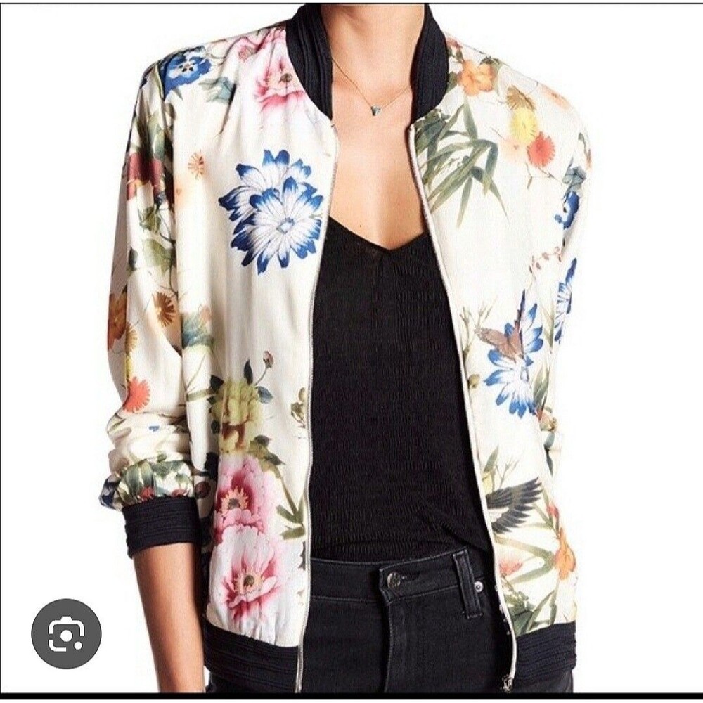 Bagatelle Collection Silky Floral Bomber Jacket Cream Black Trim S Cottagecore